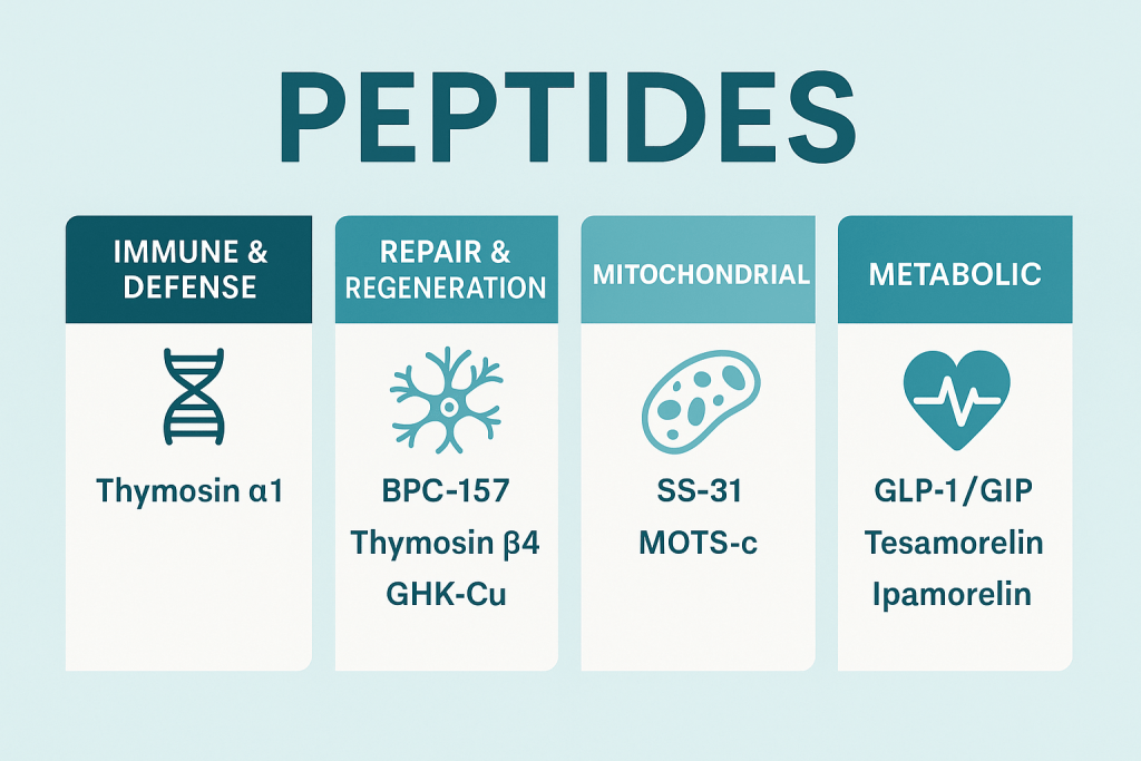 table showing key focus categories for longevity peptides