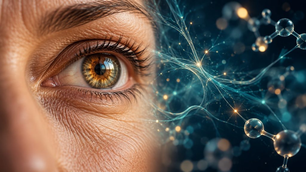 Conceptual close-up of a human eye with abstract neural and molecular imagery representing vision and epigenetic research.